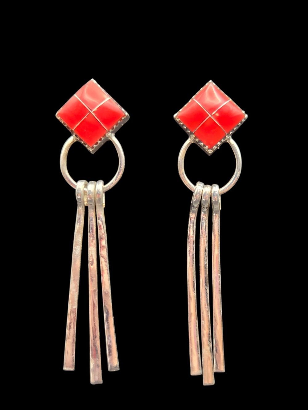 Sterling Silver Red Coral Inlay Square Dangle Earrings WN Hallmark Southwest